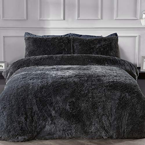 Sleepdown 5056242754602 Luxus-Bettwäsche-Set mit Kissenbezügen aus Kunstfell, anthrazit, superweich, pflegeleicht, für Doppelbett (200 x 200 cm), Polyester von Sleepdown