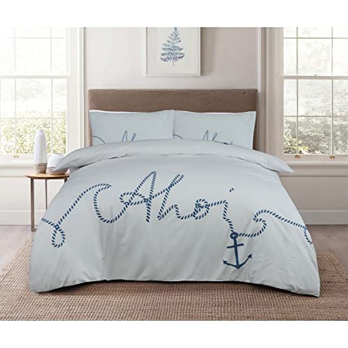 Sleepdown Ahois Bettwäsche-Set, 100% Baumwolle, maritimes Design, weich, pflegeleicht, Einzelbett, 135 x 200 cm, Weiß/Blau, 5056557507559 von Sleepdown