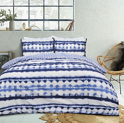 Sleepdown Wendebettbezug mit geometrischem Muster im Batikstil für Kingsize-Bett, 230 x 220 cm, mit Kissenbezügen, Quasten, weich, pflegeleicht, Blau/Weiß von Sleepdown