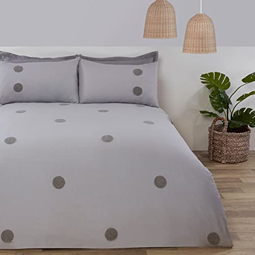 Sleepdown Bettbezug-Set mit Kissenbezügen, Bestickt, getuftet, gepunktet, Grau, luxuriös, weich, kuschelig, pflegeleicht, für Doppelbett (200 x 200 cm) von Sleepdown