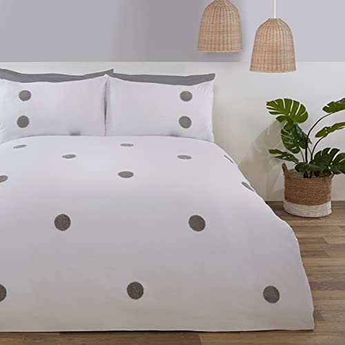 Sleepdown Bettbezug-Set mit Kissenbezügen, Bestickt, getuftet, gepunktet, Weiß/Silber, luxuriös, weich, kuschelig, pflegeleicht, für Doppelbett (200 x 200 cm) von Sleepdown