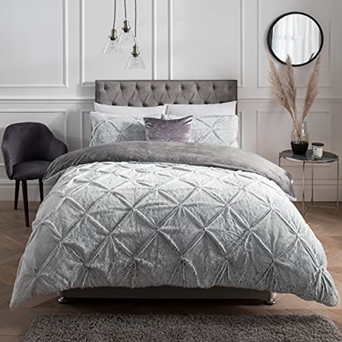 Sleepdown Bettbezug-Set mit Kissenbezügen, gerüscht, Kunstfell, Fleece, warm, gemütlich, superweich, für Einzelbett (135 x 200 cm) – Grau, Polyester von Sleepdown