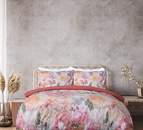 Sleepdown Bettwäsche-Set, 100% Reine Baumwolle, groß, Blumenmuster, dunkle Rose, einfarbig, auf der Rückseite, weich, pflegeleicht – Einzelbett (135 cm x 200 cm) von Sleepdown