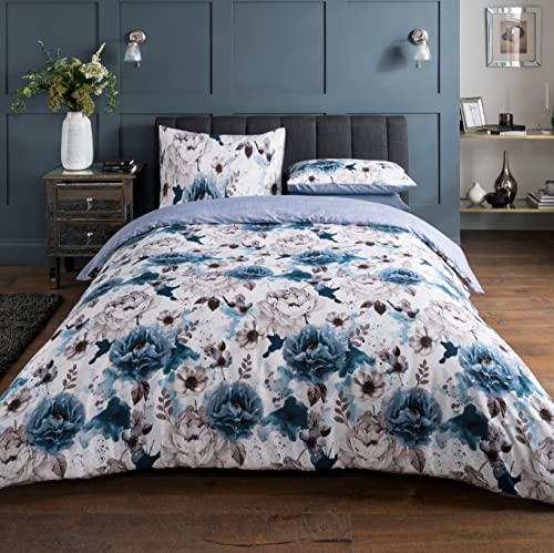 Sleepdown Bettwäsche-Set, Blau, 135 cm x 200 cm plus 1 Kissenbezug 80 cm x 80 cm, Blumenmuster, Polybaumwolle von Sleepdown