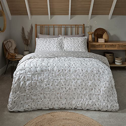 Sleepdown Bettwäsche-Set, Bedruckt, Geraffte Falten, Blätter, Weiß, natürlich, wendbar, Bettbezug und Kissenbezüge, King-Size-Bett (230 x 220 cm) von Sleepdown