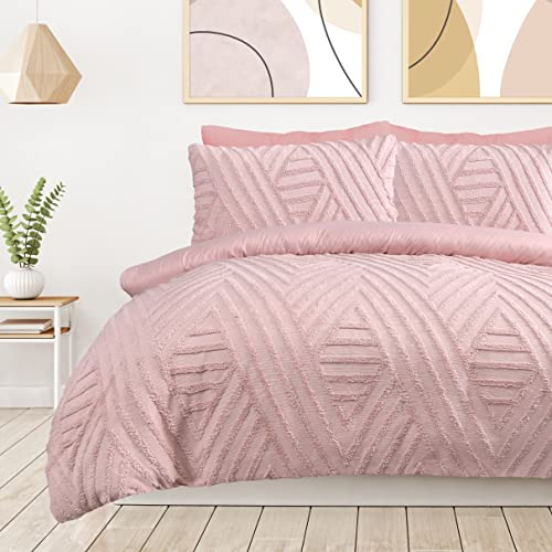 Sleepdown Bettbezug-Set für Einzelbett, 135 x 200 cm, geometrisch, strukturiert, getuftet, Rautenmuster, Bettdeckenbezug, Kissenbezug, weich, pflegeleicht, Rosa von Sleepdown