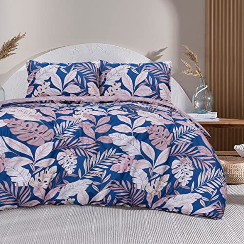 Sleepdown Bettwäsche-Set für Doppelbett, 200 x 200 cm, tropisches Palmen, Blumenmuster, Rosa/Marineblau, 5056242890645 von Sleepdown