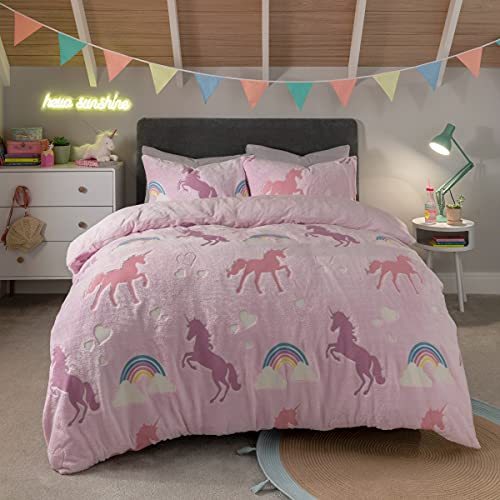 Sleepdown Bettwäsche-Set für Kinder, leuchtet im Dunkeln, Regenbogen-Fleece, warm, gemütlich, superweich, mit Kissenbezug, 135 x 200 cm, Rosa von Sleepdown