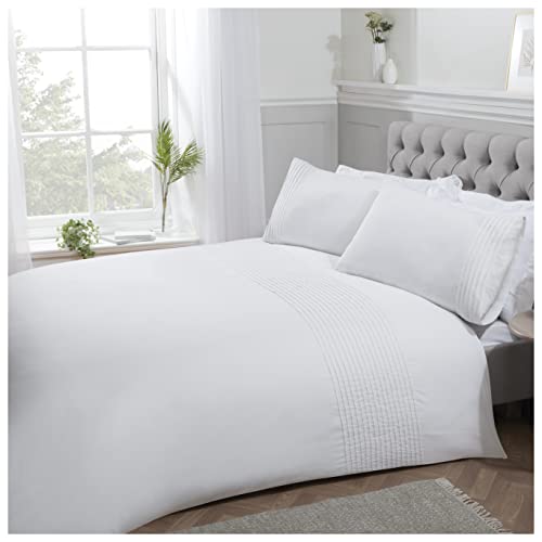 Sleepdown Bettwäsche-Set mit Biesen, gestreift, luxuriös, pflegeleicht, weich, gemütlich, mit Kissenbezügen, 220 x 260 cm, Weiß von Sleepdown