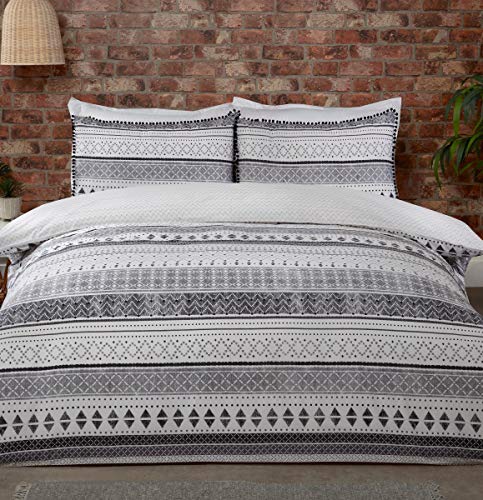 Sleepdown Azteken-Bettwäsche-Set mit Kissenbezügen, geo-Streifen, schwarz-weiß-grau, Boho-Stil, wendbar, weich, pflegeleicht, für King-Size-Bett (220 x 230 cm), 5056242780915 von Sleepdown