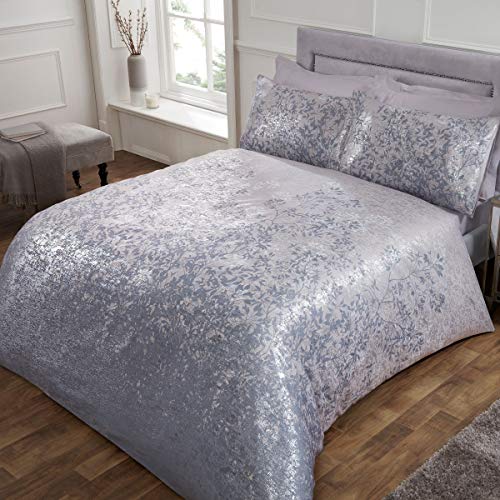 Sleepdown Bettwäsche-Set mit Kissenbezügen, Jacquard, Blumenmuster, Blättermuster, Nerz, Silber, weich, gemütlich, luxuriös, Kingsize, 220 x 230 cm, Polyester Baumwolle, King Size von Sleepdown