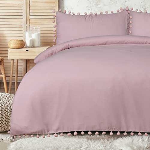Sleepdown 5056242750468 Bettbezug-Set mit Kissenbezügen mit Pompoms, pflegeleicht, einfarbig, für Doppelbett (200 x 200 cm), Polyester, Blush von Sleepdown