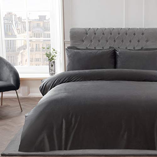 Sleepdown Bettbezug-Set mit Kissenbezügen für Doppelbett, 200 x 200 cm, Samtbezug, Anthrazit von Sleepdown