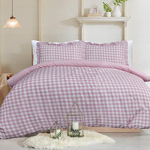 Sleepdown Bettwäsche-Set mit Rüschenrand, kariert, einfarbig, Rückseite, weich, pflegeleicht, mit Kissenbezügen mit Rüschenrand, Super-Kingsize-Bett (260 x 220 cm) von Sleepdown