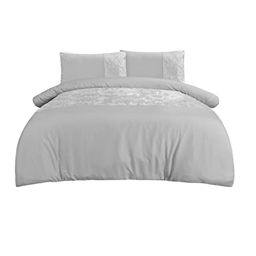 Sleepdown Bettwäsche-Set mit Samtmanschette, Silber, luxuriös, weich, gemütlich, mit Kissenbezügen, Kingsize-Bett (220 x 230 cm) von Sleepdown