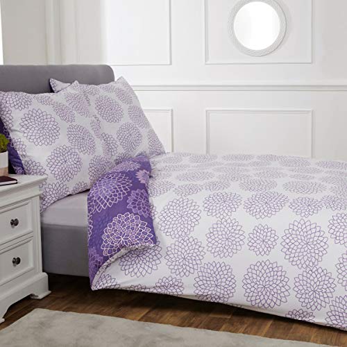 Sleepdown Bettwäsche-Set mit geometrischem Spiro-Blumenmuster, Ultra-weich, pflegeleicht, hypoallergen, weißer Druck, wendbar, 135 x 200 cm + 1 Kissenbezug 80 x 80 cm, Violett von Sleepdown