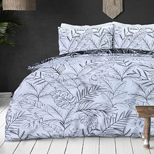 Sleepdown Bettwäsche-Set mit tropischen Palmen, Blumenmuster, wendbar, weich, pflegeleicht, 260 x 220 cm, Weiß/Schwarz von Sleepdown