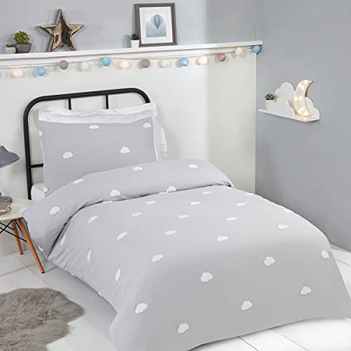 Sleepdown Bettwäscheset, getuftet, 3D-Wolken, für Jungen, Mädchen, Kinder, grau/weiß, weich, kuschelig, pflegeleicht, Bettbezug mit passendem Kissenbezug, Einzelbett (135 x 200 cm), Polyester von Sleepdown