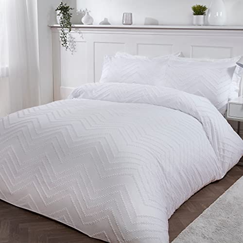 Sleepdown Bettwäscheset mit Kissenbezügen, getuftet, gewellt, nordisches Geo, weiß, weich, gemütlich, pflegeleicht, Luxus-Bettwäsche-Set mit Kissenbezügen – Kingsize (230 x 220 cm) von Sleepdown