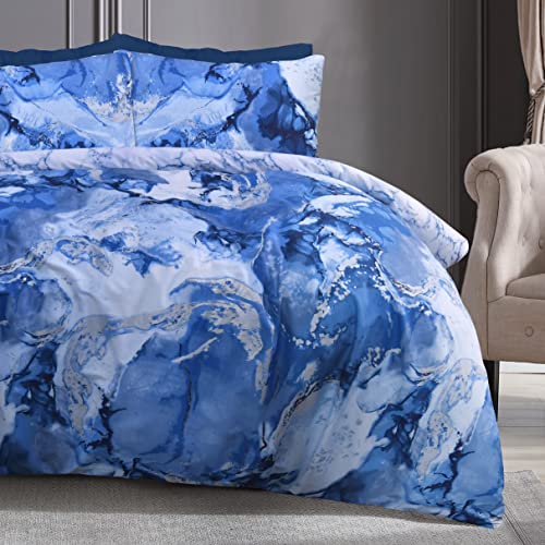 Sleepdown Bettwäscheset mit Kissenbezügen, metallisches Marmor, glitzernd, Blau, silberfarben, wendbar, weich, pflegeleicht, für Super-King-Size-Bett (260 x 220 cm) von Sleepdown
