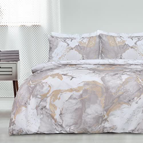 Sleepdown Bettwäscheset mit Kissenbezügen, wendbar, weich, pflegeleicht, metallisch, Marmor, glitzernd, natürliches Gold, King-Size-Bett (230 x 220 cm) von Sleepdown