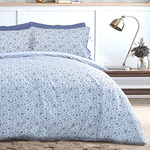 Sleepdown Ditsy Flowers Bettwäsche-Set, Blau/Weiß auf der Rückseite, weich, pflegeleicht, Bettdeckenbezug, Kissenbezug mit Bändern, 230 x 220 cm von Sleepdown