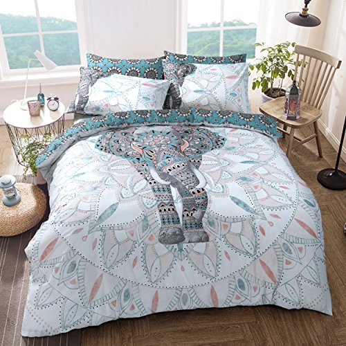 Sleepdown Doppelseitiger Bettbezug mit Elefanten-Mandala in Blaugrün, pflegeleicht, Anti-allergen, weich und glatt, mit Kissenbezügen (für Doppelbett) von Sleepdown