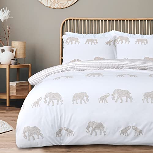 Sleepdown Elefanten-Seersucker, weiß, natürlich, wendbar, Bettbezug, Kissenbezüge, Bettwäsche-Set, weich, pflegeleicht – Super-King-Size-Bett (220 x 260 cm) von Sleepdown