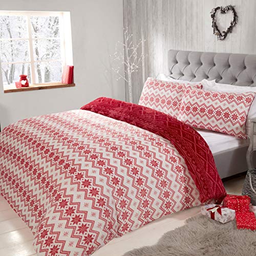 Sleepdown Fairisle bedrucktes Flanell-Fleece-Bettwäsche-Set mit Kissenbezügen, abstrakte Streifen, wendbar, weich, warm und gemütlich, Super-Kingsize-Bett (260 x 230 cm), Polyester, Rot/Weiß von Sleepdown