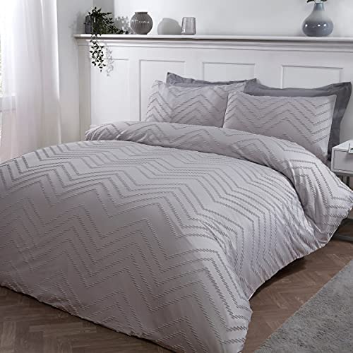 Sleepdown Geo-Bettwäsche-Set mit Kissenbezügen, getuftet, gewellt, nordisches Geo, grau, weich, gemütlich, pflegeleicht, luxuriös, Bettbezug mit Kissenbezug, Einzelbett (135 x 200 cm) von Sleepdown