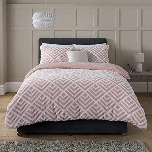 Sleepdown Geo Jacquard Fleece Thermo-Bettwäsche-Set mit Kissenbezügen – Doppelbett (200 x 200 cm) – Blush Pink Weiß, Polyester von Sleepdown