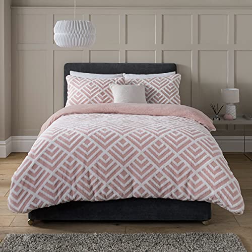 Sleepdown Geo Jacquard Fleece Thermo-Bettwäsche-Set mit Kissenbezügen – King-Size-Größe (220 x 230 cm) – Blush Pink Weiß, Polyester von Sleepdown