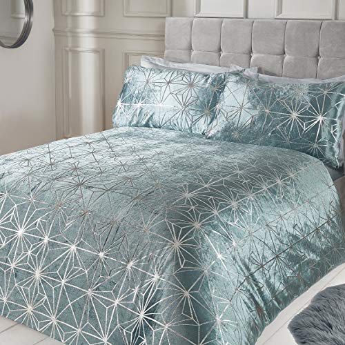Sleepdown Geometrischer Bettbezug mit Kissenbezügen, luxuriös, silberfarbener Schimmer, Samt, Bettwäsche-Set, Blau, Super-Kingsize-Bett (220 x 260 cm), Polyester von Sleepdown