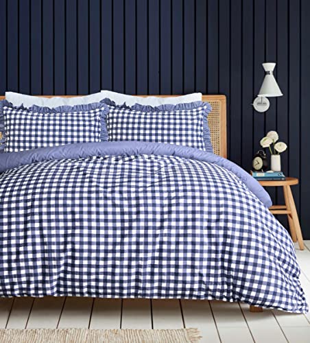 Sleepdown Gingham-Karo, Blaue einfarbige Rückseite, weich, pflegeleicht, Bettbezug mit Rüschenrand-Kissenbezügen, Super-Kingsize-Größe (260 x 220 cm) von Sleepdown