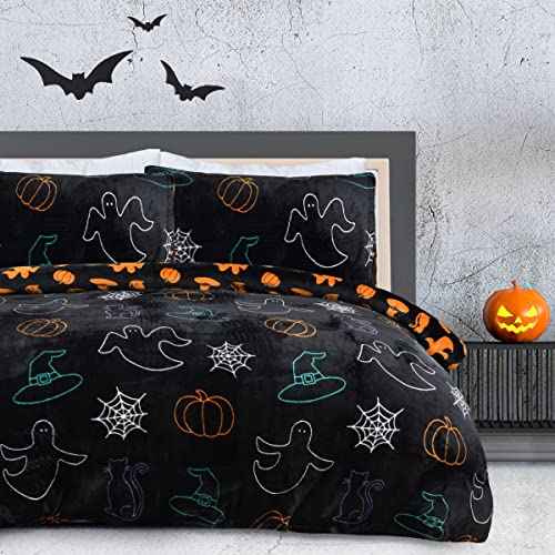 Sleepdown Halloween Gruseliger Geist Schwarz Orange Flanell Fleece Wendebettwäsche Set mit Kissenbezügen Warm Weich Pflegeleicht Bettwäsche - Doppelbett (200 cm x 200 cm) von Sleepdown