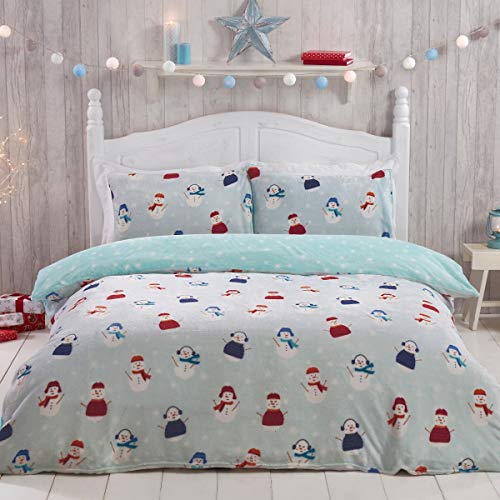 Sleepdown Jolly Schneemann Weihnachten Fleece Blau warm gemütlich super weich pflegeleicht Xmas Grau Sterne Wende-Bettwäsche-Set mit Kissenbezug – Einzelbett (135 x 200 cm) von Sleepdown