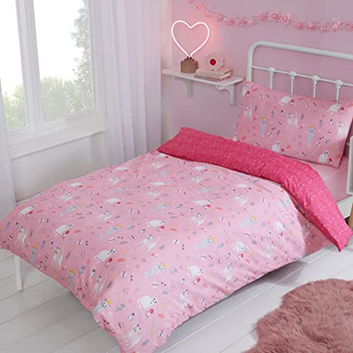 Sleepdown Kinder-Bettwäsche-Set mit Kissenbezügen, Verspieltes Kätzchen, Katzen, Schmetterlinge, rosa Herzen, wendbar, weich, pflegeleicht, für Einzelbett (135 x 200 cm), Polyester, Rose von Sleepdown