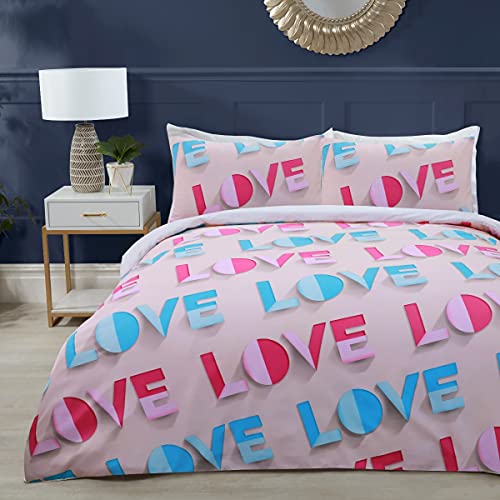 Sleepdown Love Island 3D Love TV Show Logo Blush Pink Weich Pflegeleicht Bettbezug Steppdecke Bettwäsche-Set mit Kissenbezügen – King (220 x 230 cm) von Sleepdown