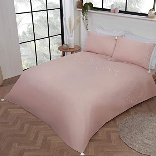 Sleepdown Luxury Boho Embroidered Panel Band Plain Blush Pink White Quasten Pflegeleicht Weicher Kuscheliger Bettbezug Quilt Bettwäsche-Set mit Kissenbezügen - Doppel (200cm x 200cm) von Sleepdown