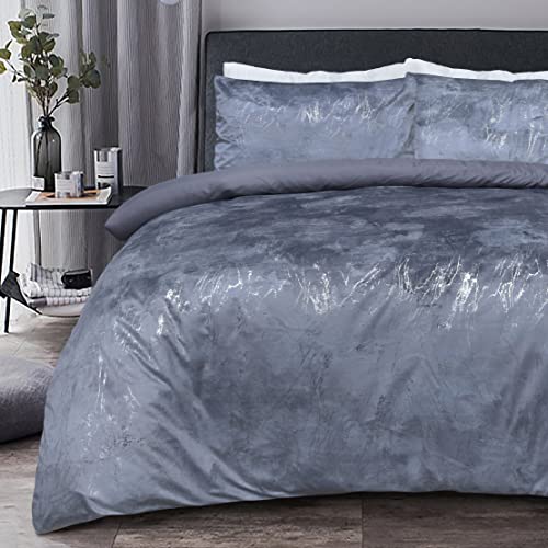 Sleepdown Marmor-Samt, metallisch, grau, einfarbige Rückseite, Bettdeckenbezug, Kissenbezüge, Bettwäsche-Set, weich, pflegeleicht – Super-King-Size-Bett (220 x 260 cm) von Sleepdown