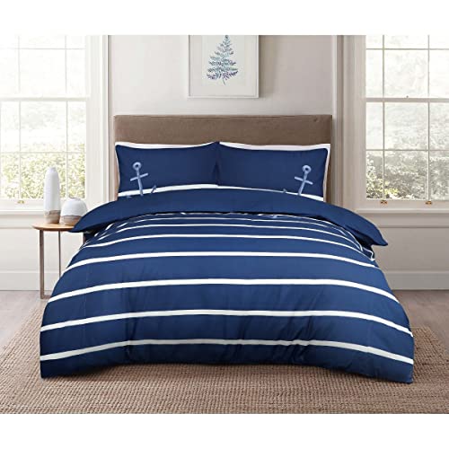 Sleepdown Sailor Bettwäsche-Set, 100 % Baumwolle, gestreift, nautisches Blau von Sleepdown