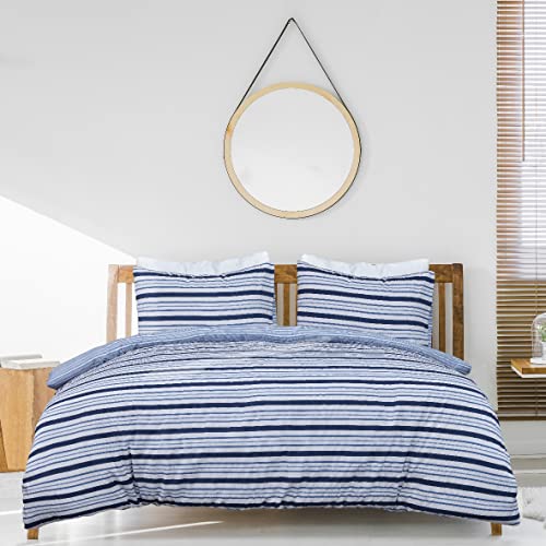 Sleepdown Seersucker Wende-Bettwäsche-Set, weich, pflegeleicht, Doppelbett, 200 x 200 cm, Marineblau/Weiß von Sleepdown