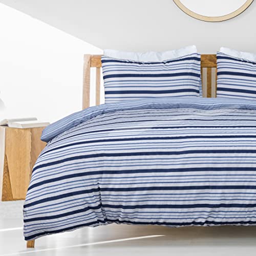 Sleepdown Seersucker Wende-Bettwäsche-Set, weich, pflegeleicht – Einzelbett (135 x 200 cm), Marineblau/Weiß, 5056242893356 von Sleepdown