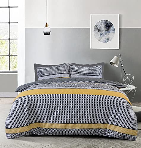 Sleepdown Stripe Geo Abstrakte Mono Schwarz Grau Ocker Wende-Bettbezug Steppdecke Kissenbezüge Bettwäsche-Set, weich pflegeleicht – King (230 x 220 cm) von Sleepdown