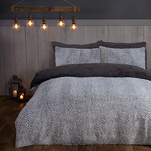 Sleepdown Strukturiertes zweifarbiges Kunstfell-Fleece-Bettwäsche-Set mit Kissenbezügen – Doppelbett (200 x 200 cm) – Grau von Sleepdown