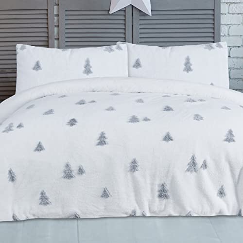 Sleepdown Teddy-Fleece-Bettwäsche-Set mit Baum, Jacquard, Weiß, wendbar, mit Kissenbezügen, Thermo-Bettwäsche, warm, gemütlich, superweich, pflegeleicht, King-Size-Bett (230 x 220 cm) von Sleepdown