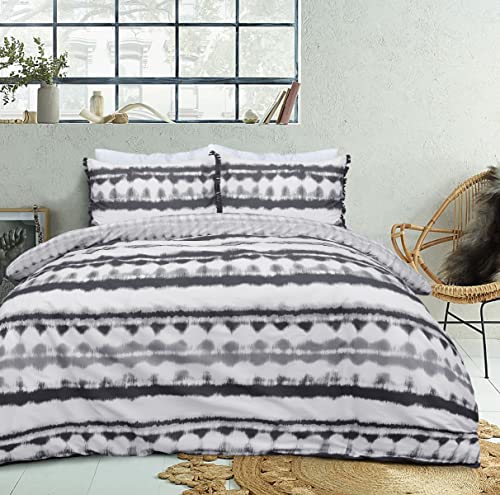 Sleepdown Batik-Bettwäsche mit geometrischem Monochrom-Muster in Schwarz/Weiß, wendbar, für Einzelbett, 135 x 200 cm, mit Kissenbezug mit Fransenbesatz, weich, pflegeleicht von Sleepdown
