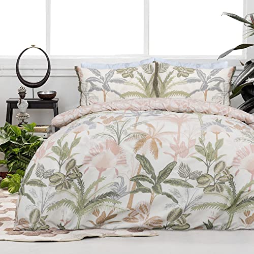 Sleepdown Tropische Blätter, Blumenmuster, natürlich, wendbar, Bettbezug, Steppdecke, Quaste, Kissenbezug, Bettwäsche-Set, weich, pflegeleicht – Einzelbett (135 x 200 cm) von Sleepdown