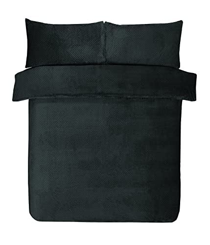 Sleepdown Waffel-Fleece-Bettwäsche-Set für Doppelbett, 200 x 200 cm, Schwarz von Sleepdown