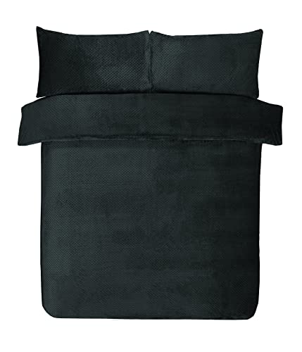 Sleepdown Waffel-Fleece-Bettwäsche-Set mit Kissenbezügen, warm, gemütlich, superweich, 220 x 230 cm, Schwarz von Sleepdown
